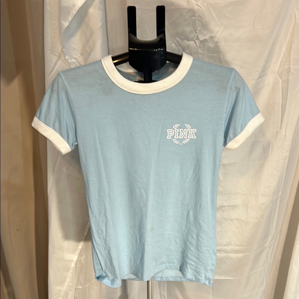 PINK Victoria's Secret Blue and White Short Sleeve Tee